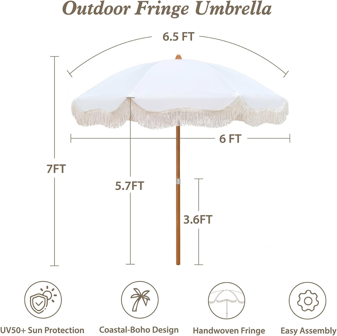 image:imageAMMSUN Boho Fringe Umbrella 65ft Canvas UmbrellaAntique White