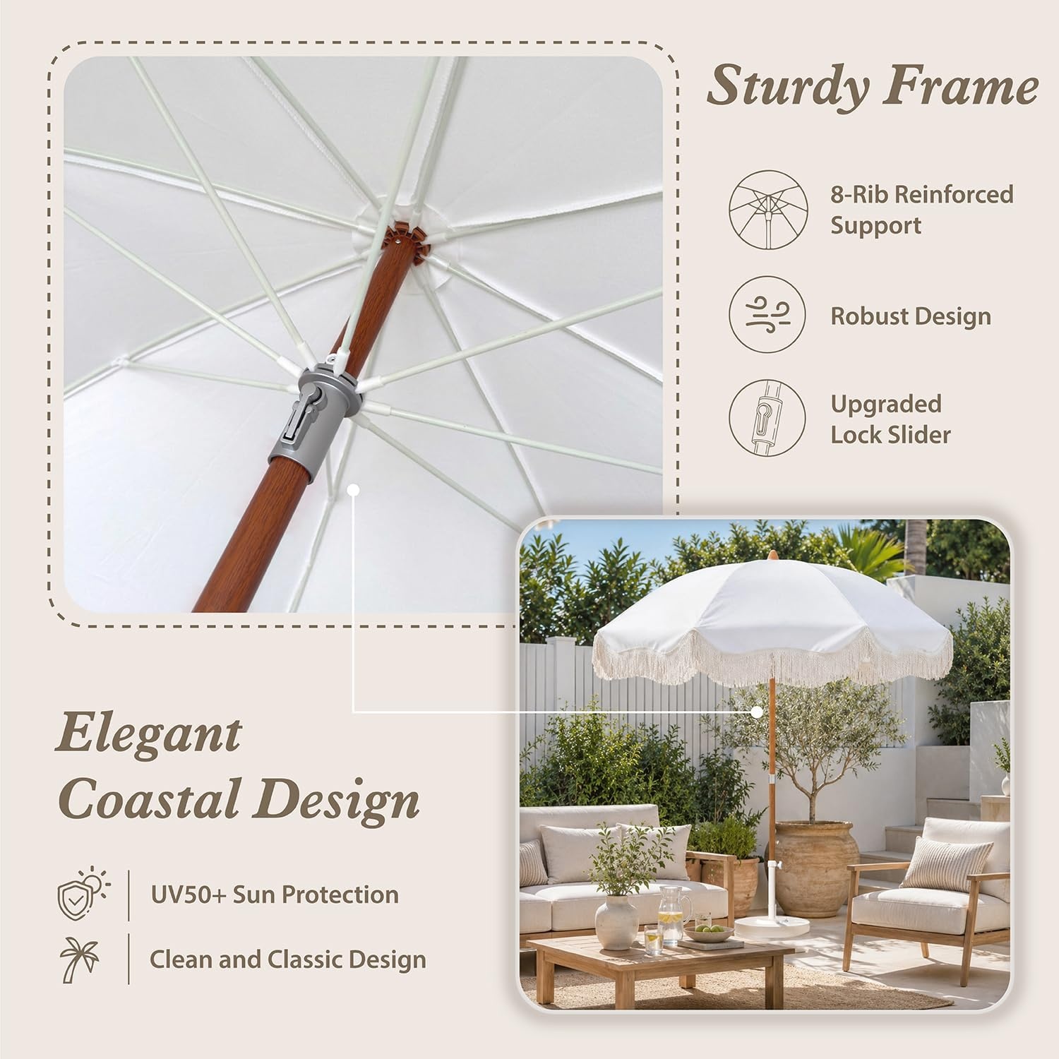 image:imageAMMSUN Boho Fringe Umbrella 65ft Canvas UmbrellaAntique White