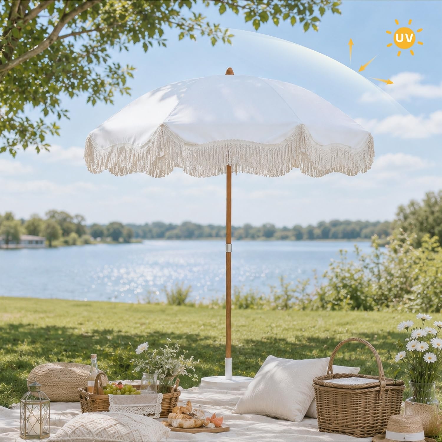 image:imageAMMSUN Boho Fringe Umbrella 65ft Canvas UmbrellaAntique White