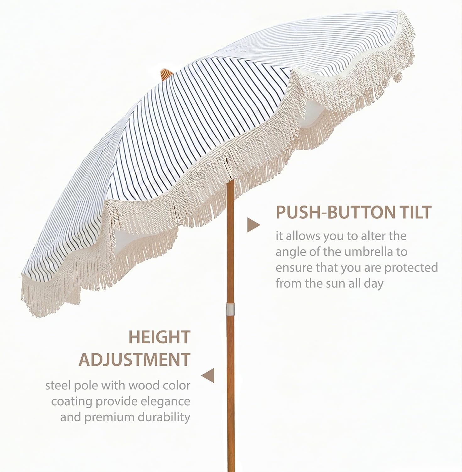 image:imageAMMSUN Boho Fringe Umbrella 65ft Canvas UmbrellaNavy Blue Stripes
