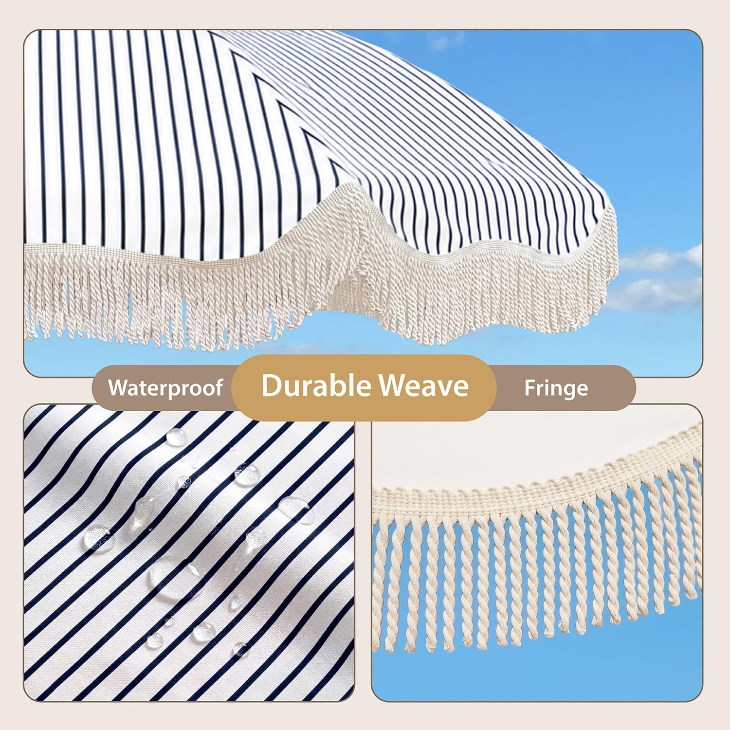 image:imageAMMSUN Boho Fringe Umbrella 65ft Canvas UmbrellaNavy Blue Stripes