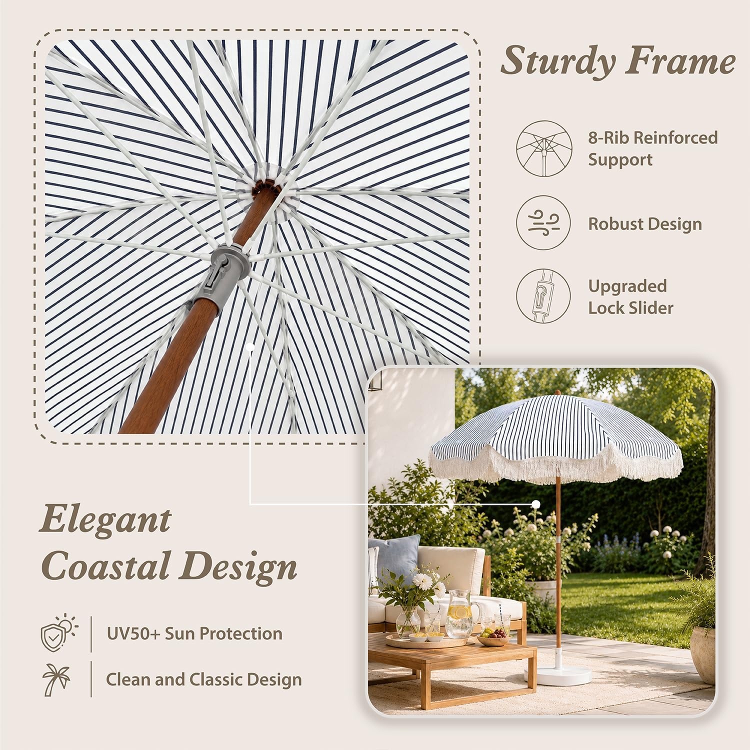 image:imageAMMSUN Boho Fringe Umbrella 65ft Canvas UmbrellaNavy Blue Stripes