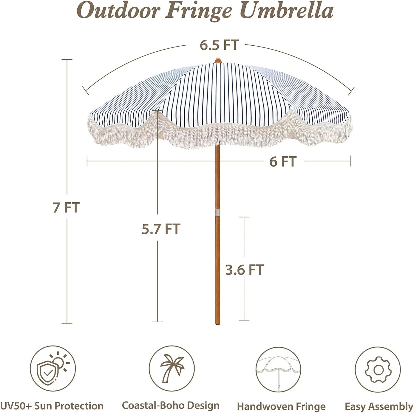 image:imageAMMSUN Boho Fringe Umbrella 65ft Canvas UmbrellaNavy Blue Stripes