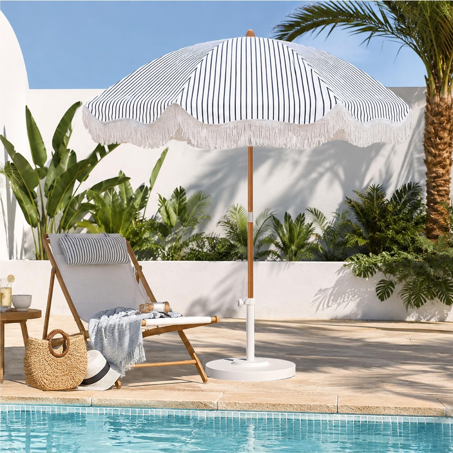 image:imageAMMSUN Boho Fringe Umbrella 65ft Canvas UmbrellaNavy Blue Stripes