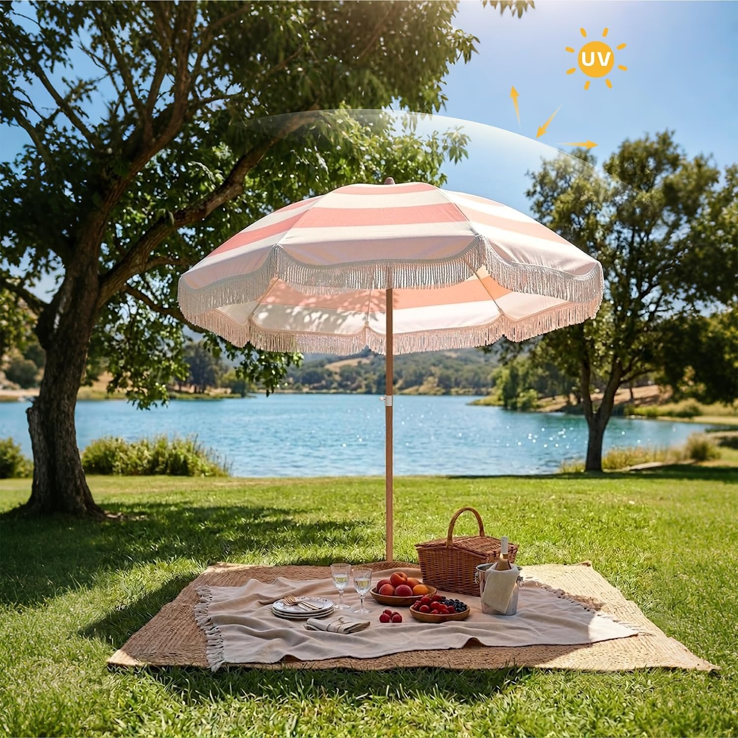 image:imageAMMSUN Boho Fringe Umbrella 65ft Canvas UmbrellaPink Stripes