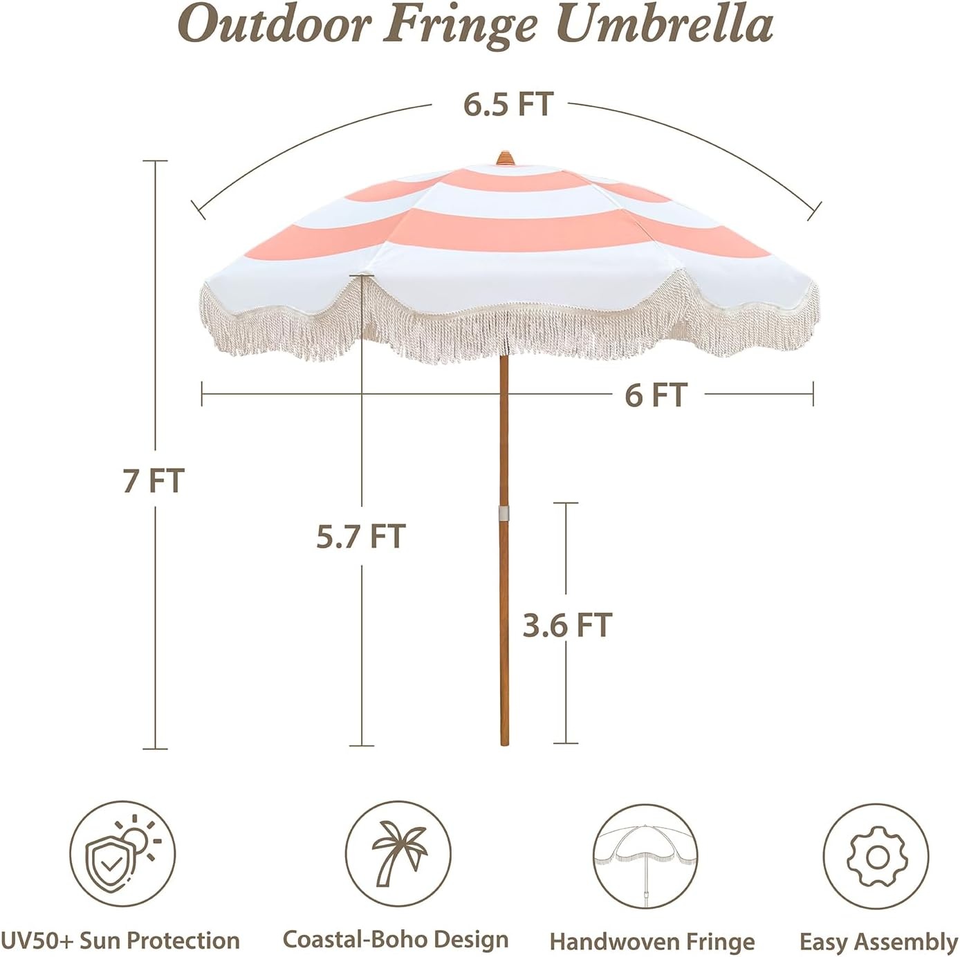 image:imageAMMSUN Boho Fringe Umbrella 65ft Canvas UmbrellaPink Stripes