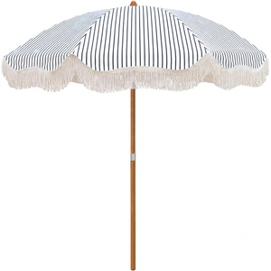 AMMSUN Boho Fringe Umbrella, 6.5ft Canvas Umbrella(Navy Blue Stripes)