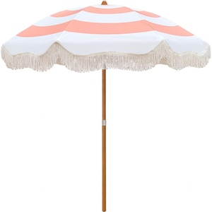AMMSUN Boho Fringe Umbrella, 6.5ft Canvas Umbrella(Pink Stripes)